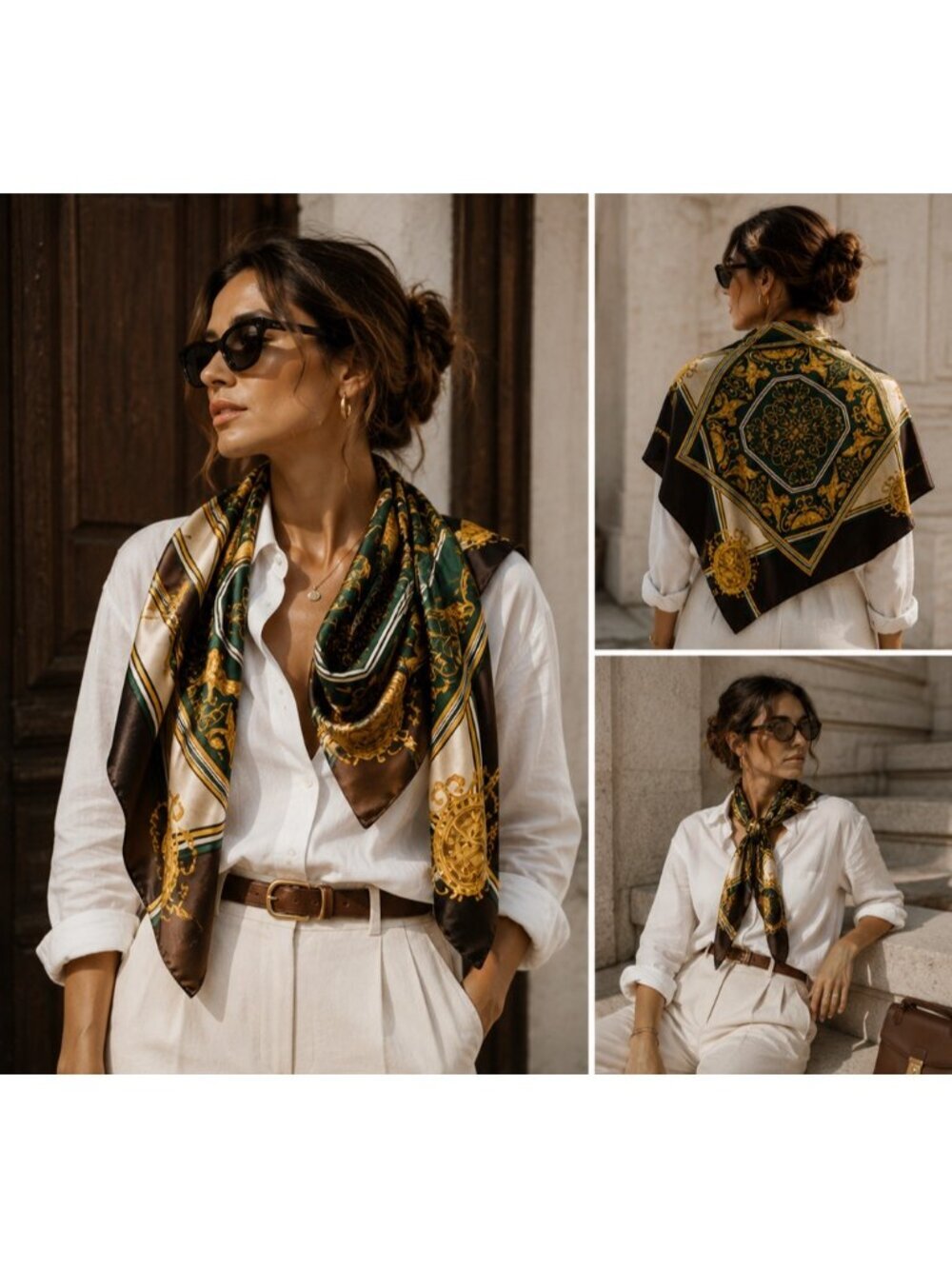 Gita Vintage Silk Scarf Baroque Griffin Medallion Green Gold Brown 30” Square